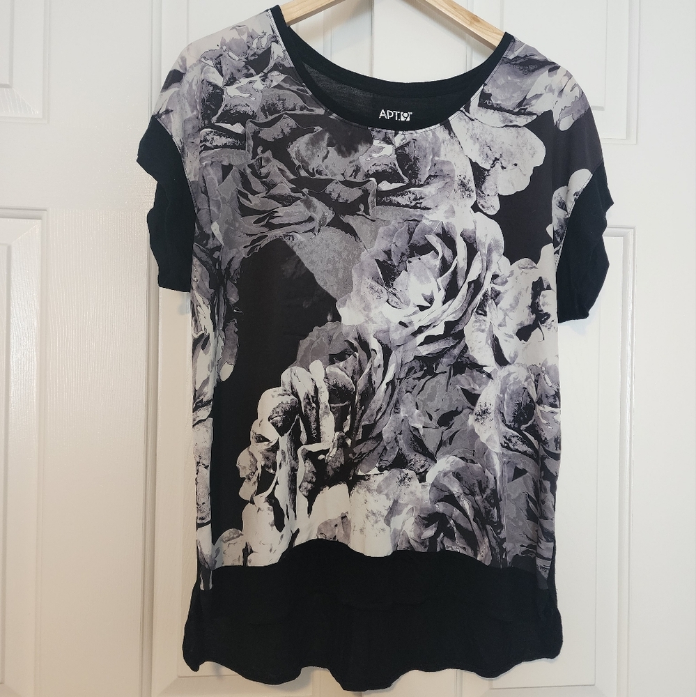 Apt.9 Black Floral Front Round Neck Cap Sleeve Women's Top Size L